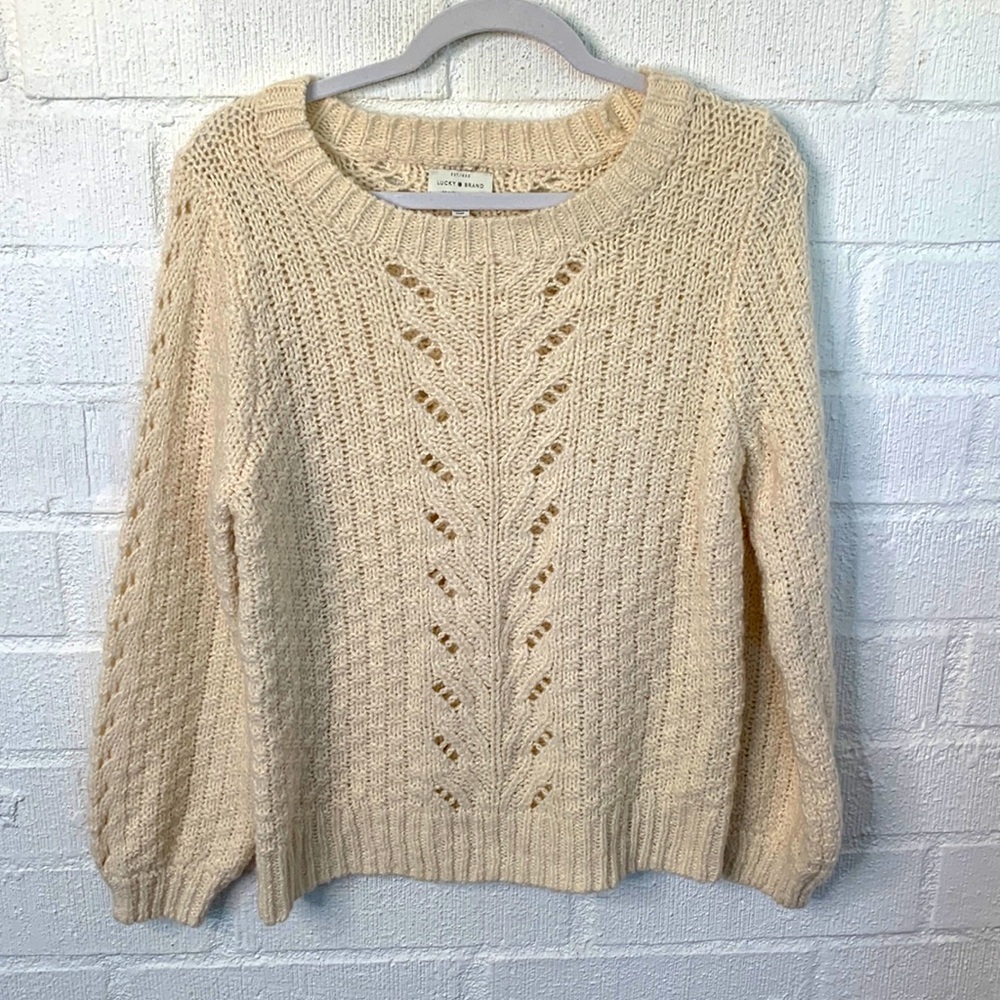 Lucky Brand Wool Cream Knit Balloon Sleeve Sweater sz Medium
